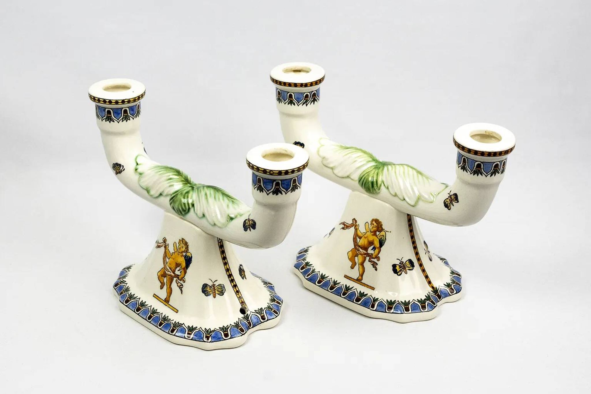 Pair of Renaissance candlesticks in earthenware – Gien pottery, 1970s