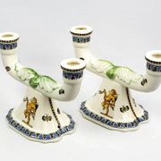 Pair of Renaissance candlesticks in earthenware – Gien pottery, 1970s