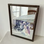 Vintage 1960s mirror - Retro "Belle Époque" scene - Wooden frame