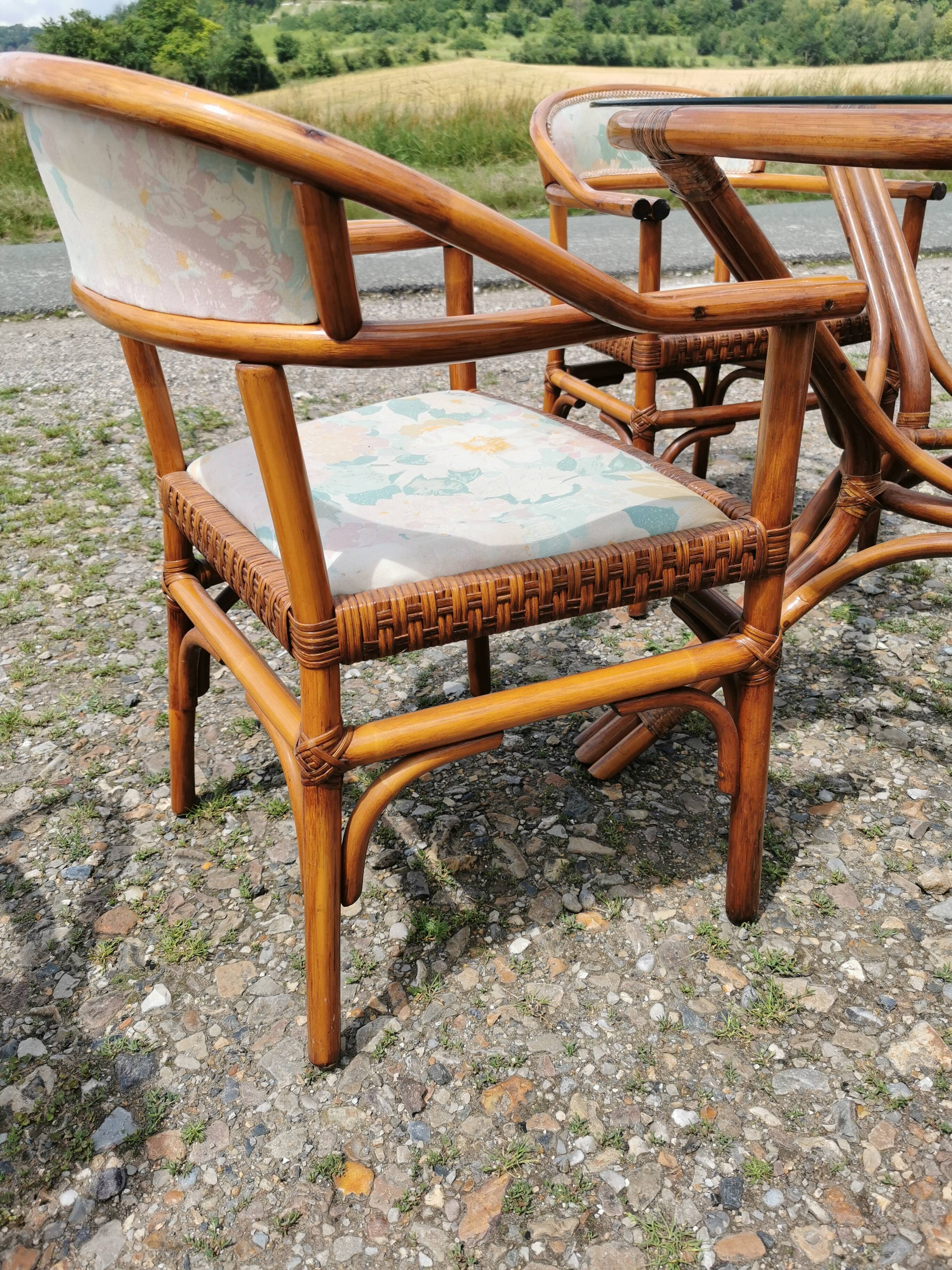 Rattan garden furniture, table, chairs and armchairs