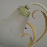 French Vintage Lamp In Cream Peach and Green With Glass Flower Petal Shade