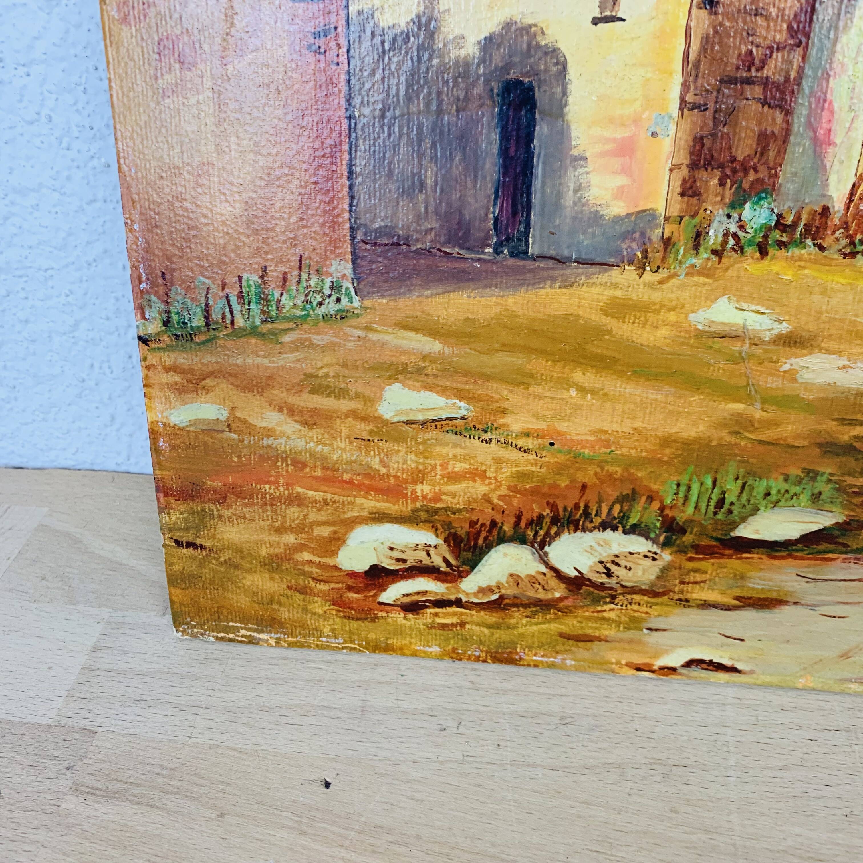 Oil painting on cardboard signed J. Masse village landscape