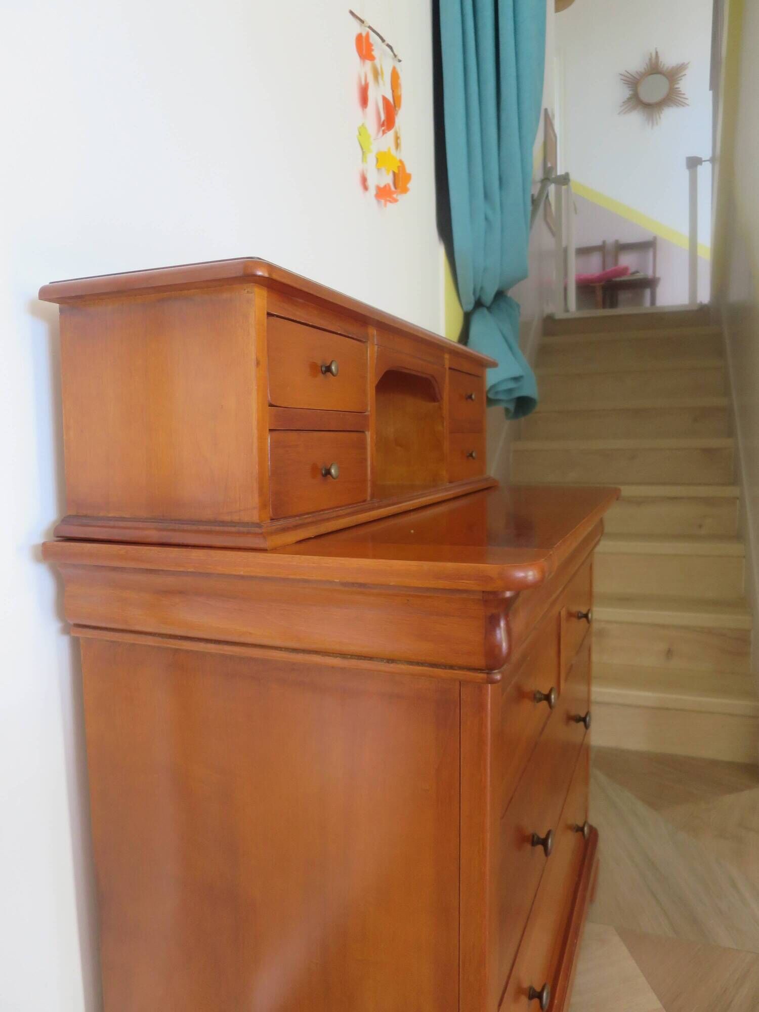Vintage commode secretary dressing table sliding top 7 drawers cherry wood