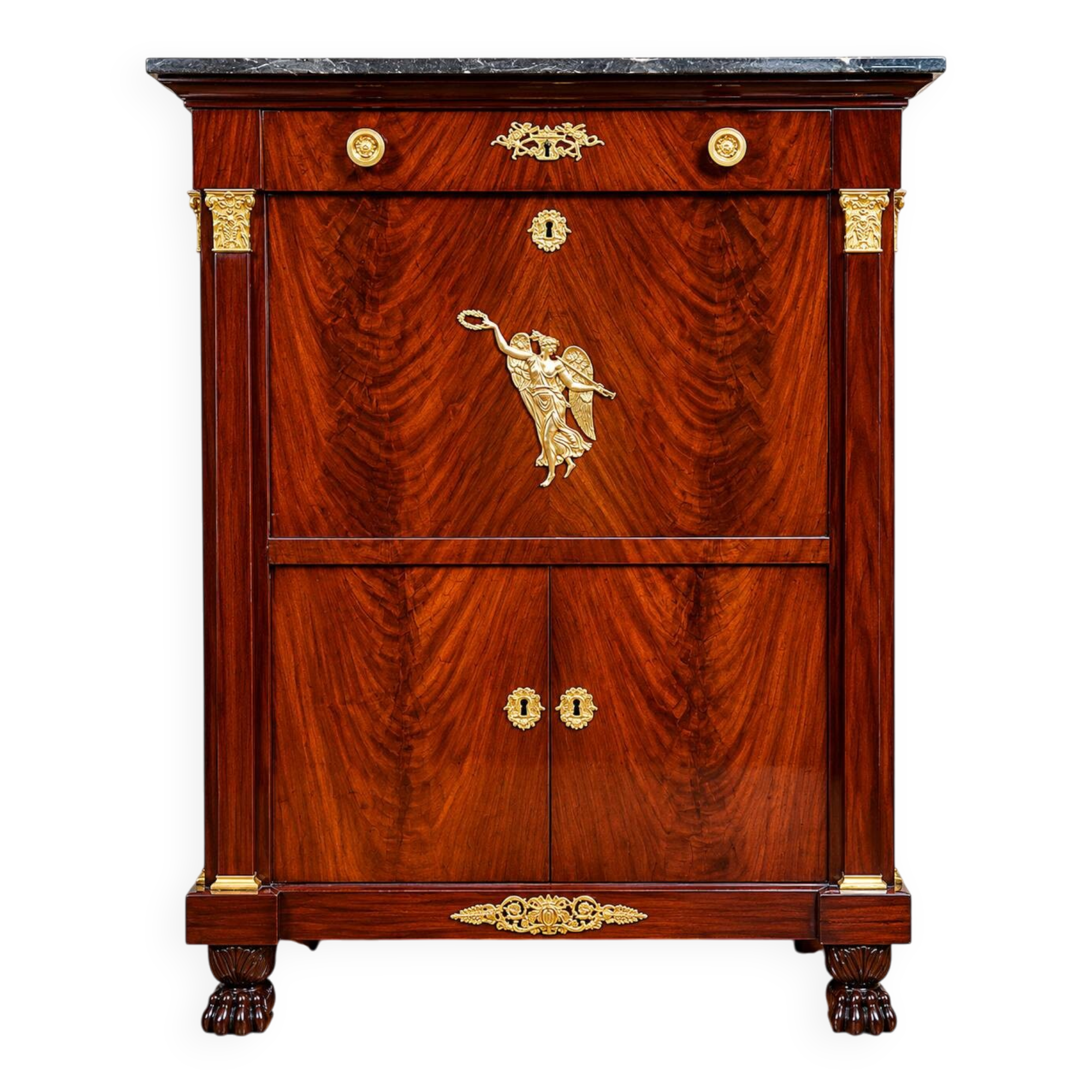 Rare four-column secretary from the Empire period in flame mahogany and bronze.
