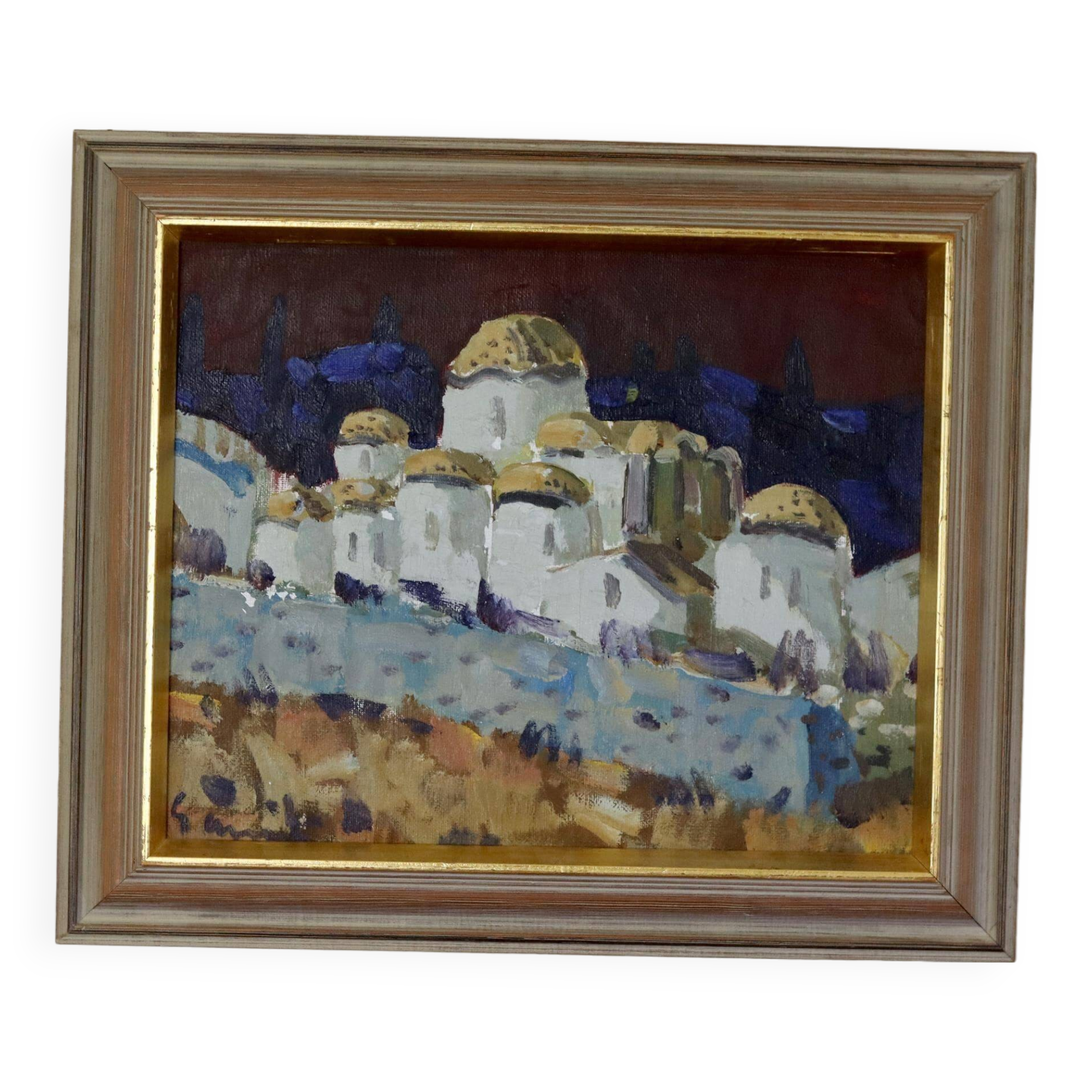 Original Swedish Mid-Century Oil on Canvas “Town” by Tage Garvik Vintage & Framed