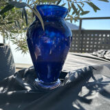 Cobalt blue glass vase, signed, glass art piece.