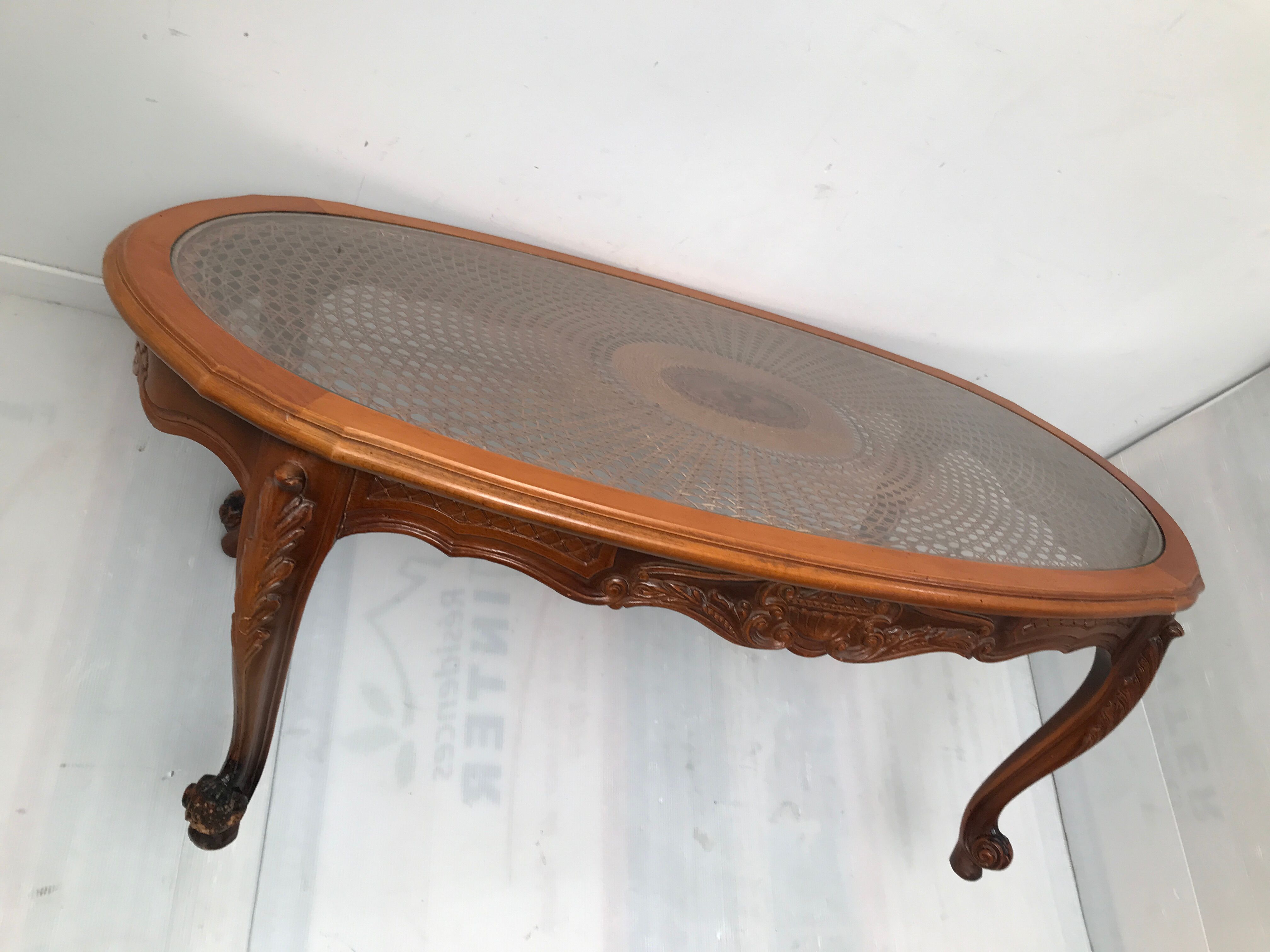 Cherry coffee table with cane top and vintage glass