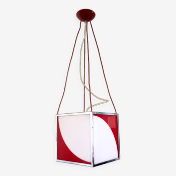 Suspension Postmoderne Cubique Rouge et Blanc en Plexiglas et Métal, Italie