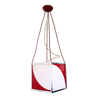 Postmodern Cubic Red and White Plexiglass and Metal Pendant, Italy