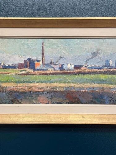 Swedish Oil on panel "Silhouette over Örebro" by HARRY THOMANDER, Framed 46x26cm