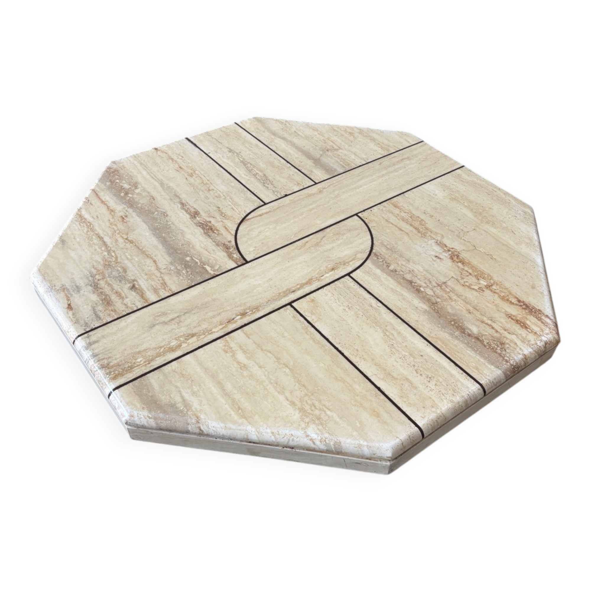 Vintage Octagonal Travertine Coffee Table with Geometric Pattern, 1970