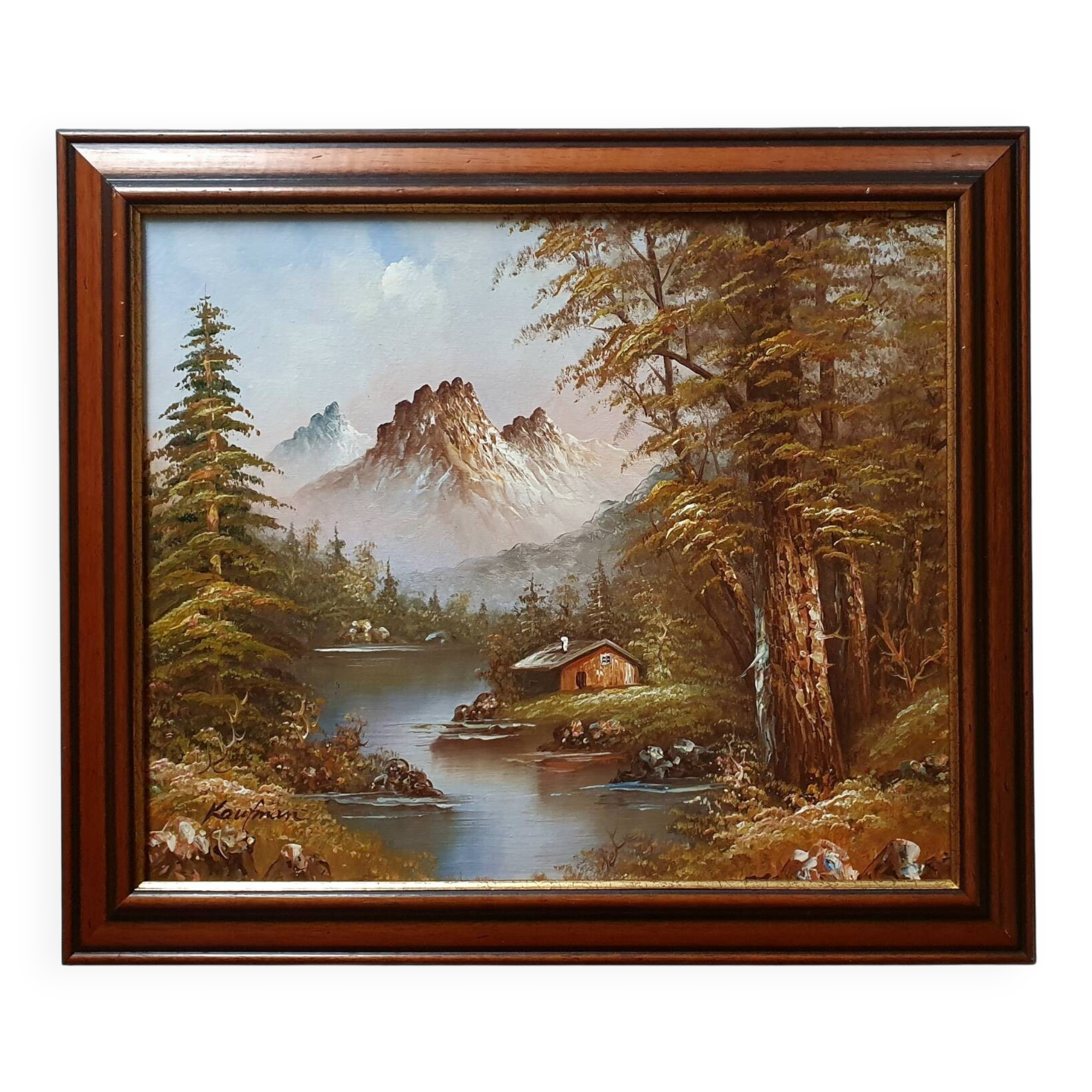 Tableau huile sur toile chalet dans la montagne signé Kaufman