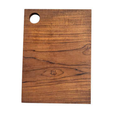Large rectangular teak end-grain chopping board with a circular handle.