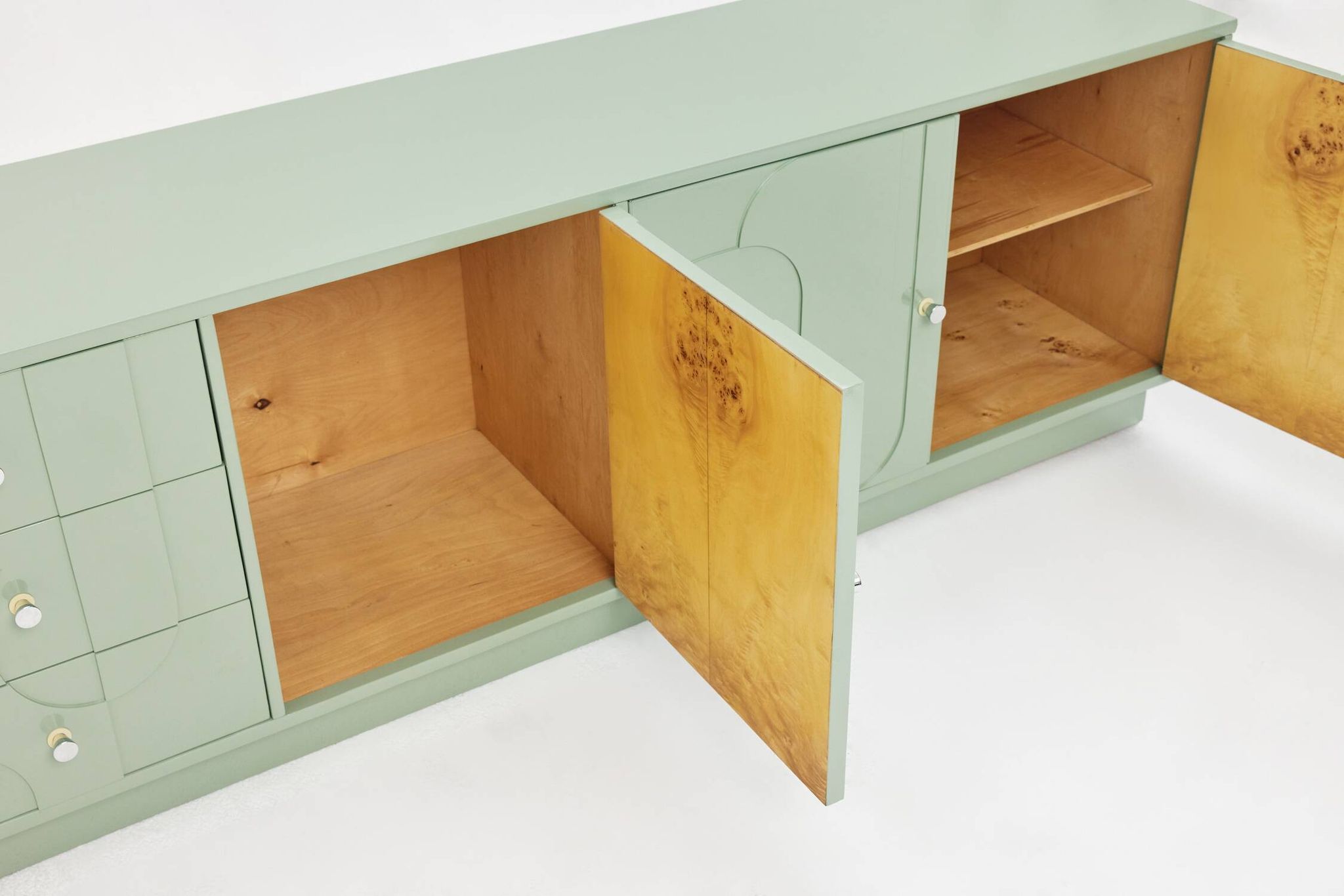 1970s Vintage Sideboard, Pastel Green, Relief, High-Gloss Finish, Chrome
