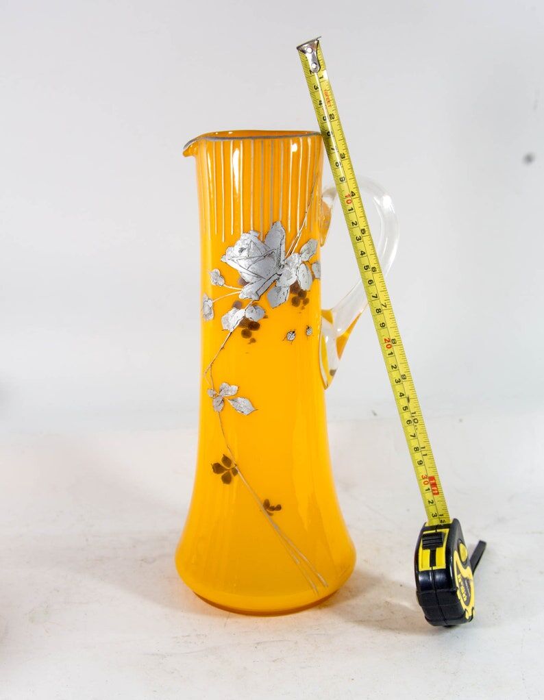 Art Nouveau lemonade service pitcher and 6 hand-painted glasses in bohemian glass early 20th century