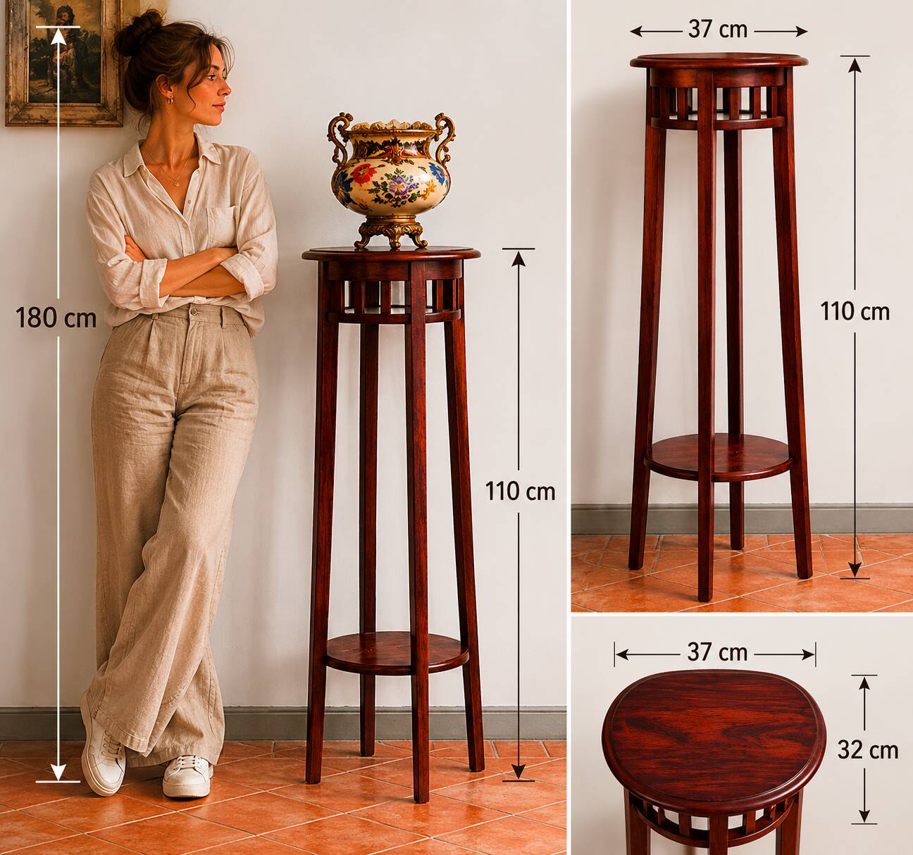 Antique high wooden pedestal with mahogany patina, circa 1900-1925.