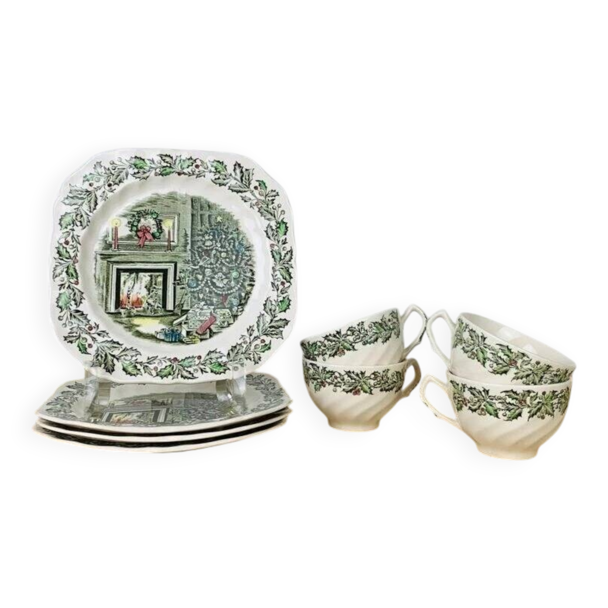4 dessert plates and cups Merry Christmas Johnson Bros