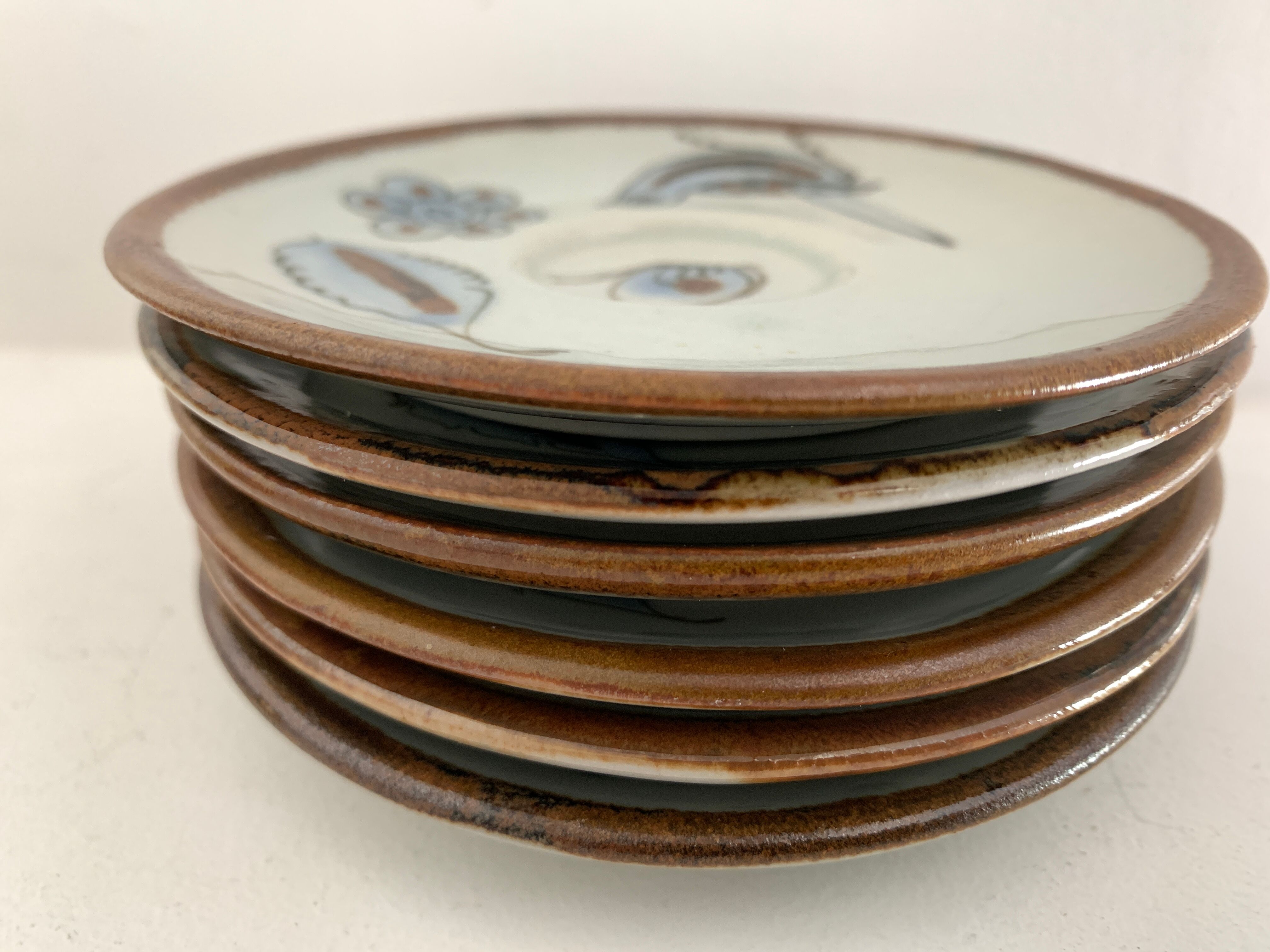 6 ceramic cups Ken Edwards, Tonala, Mexico, with sub cups and sugar