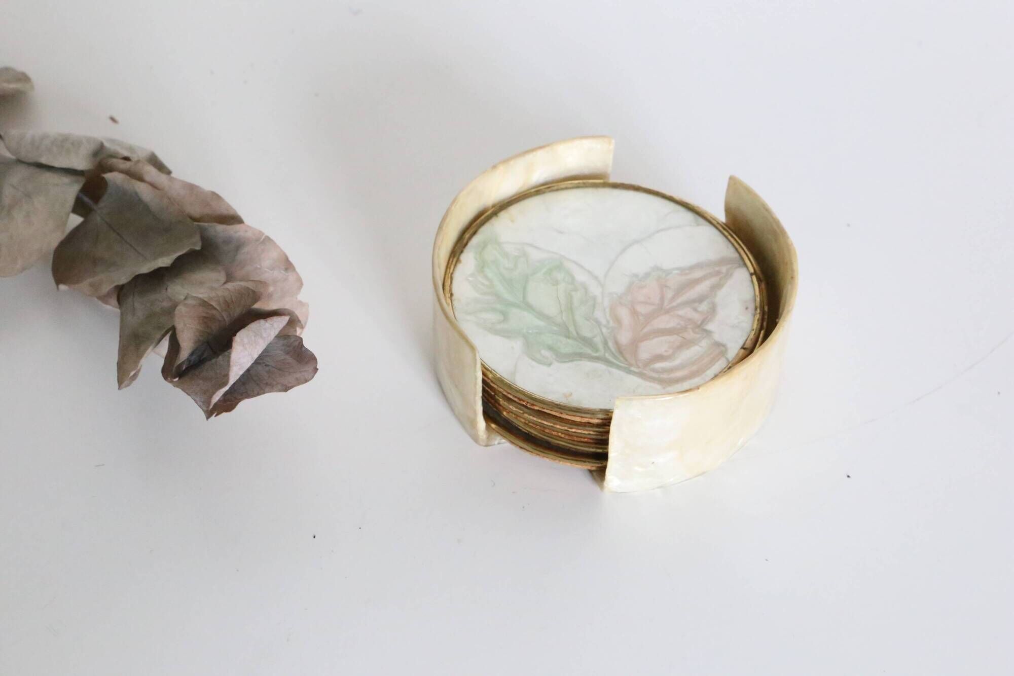 Set of 6 coasters in mother-of-pearl, brass and cork, vintage