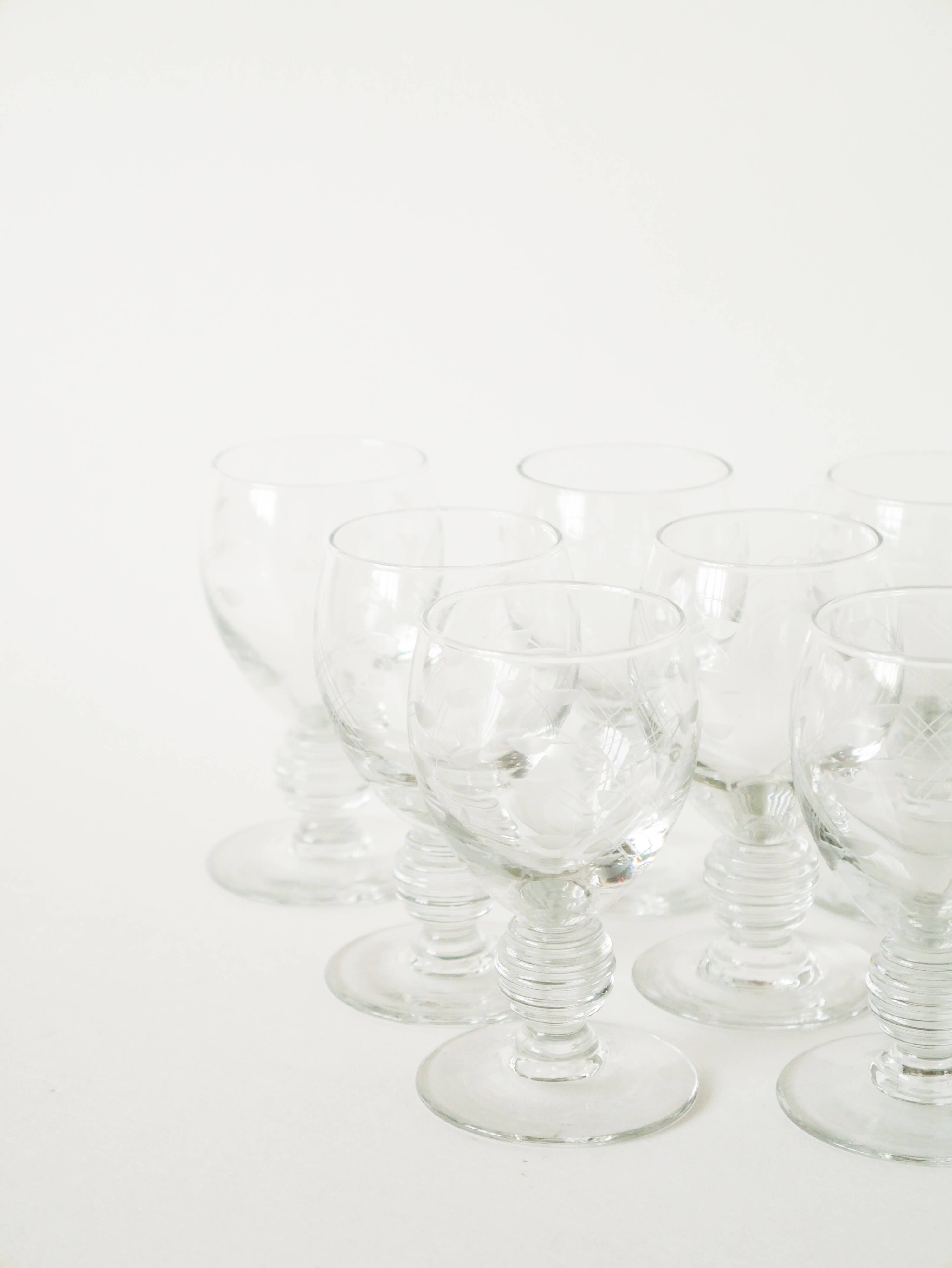 Set of 9 liqueur glasses with engraved crystal stems, Art Nouveau 1910