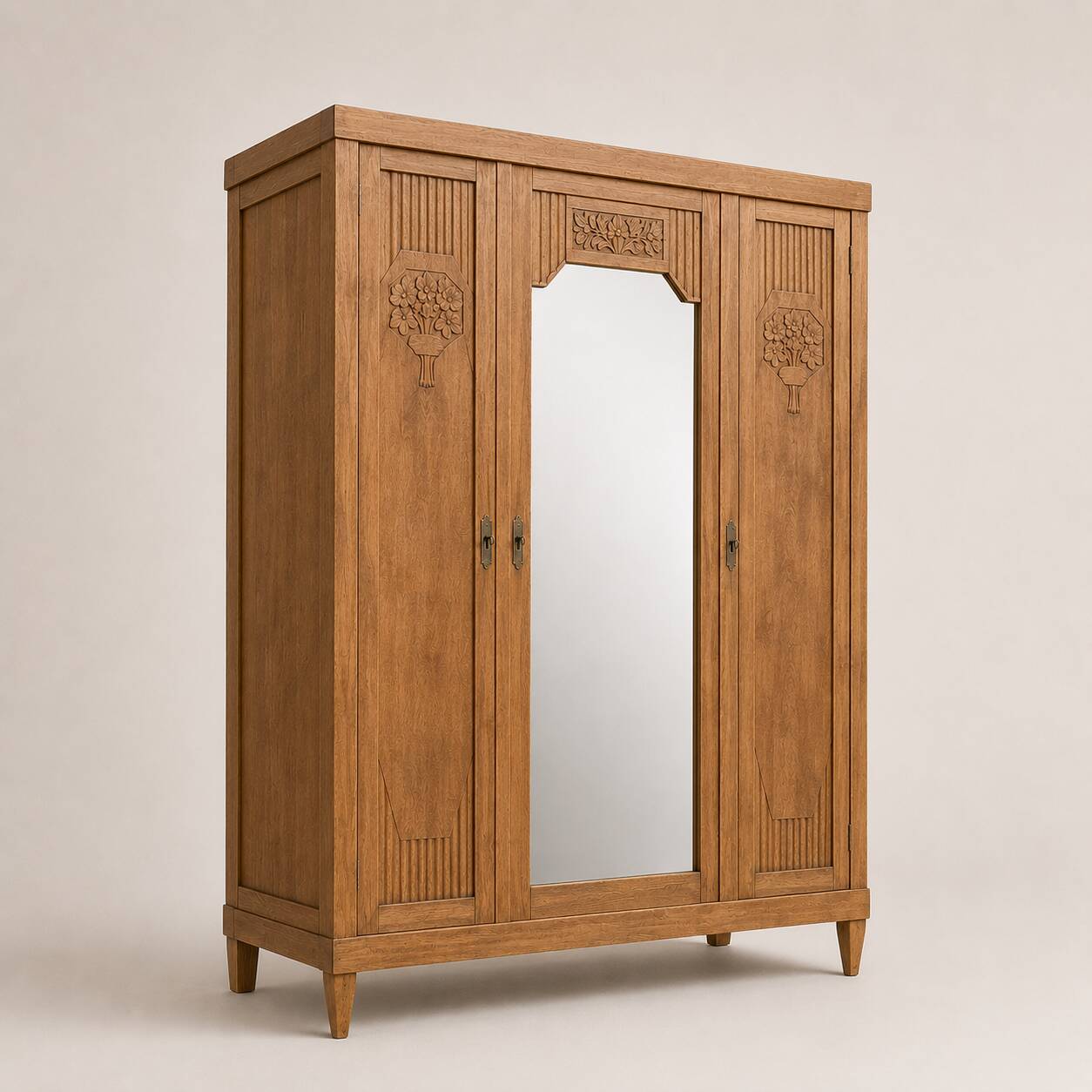 Art deco wardrobe in raw oak with bevelled mirror.