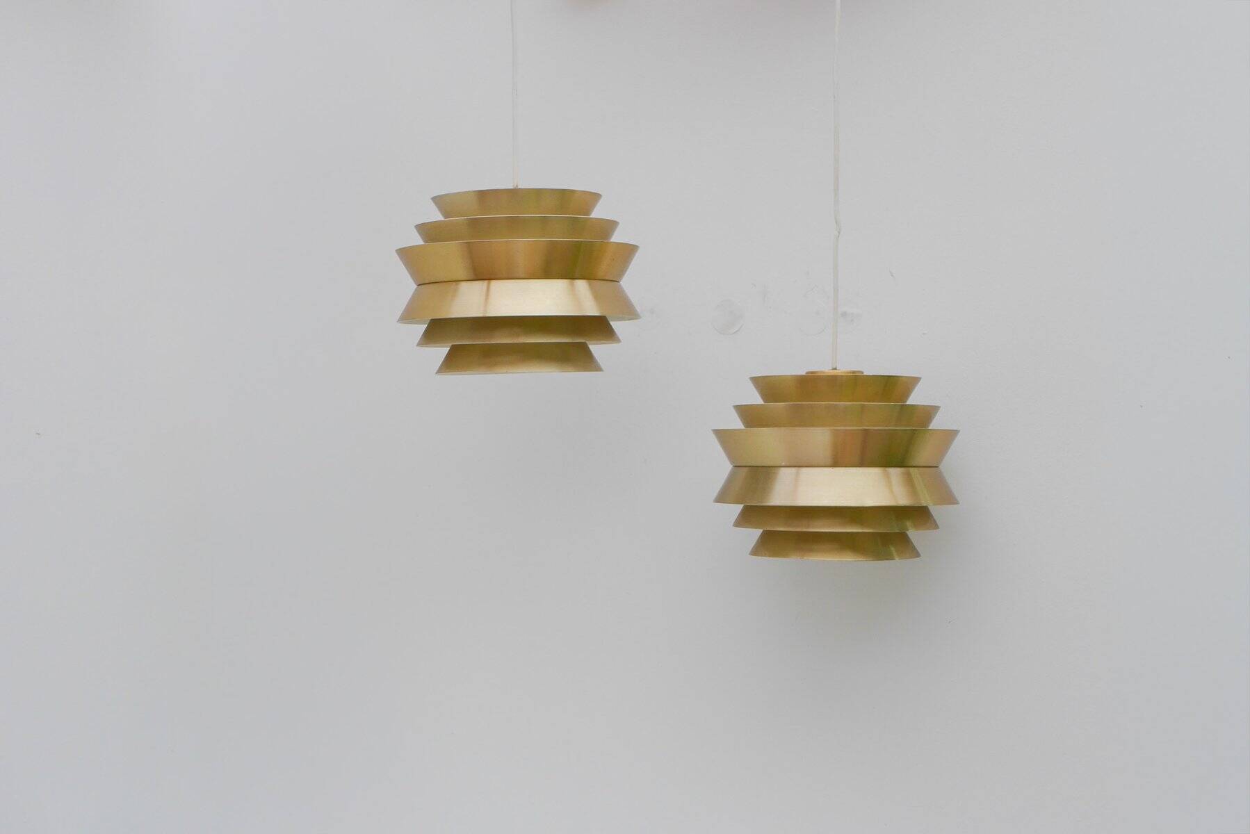 Brass-coloured metal pendant Trava lamps by Carl Thore, Sweden from Granhaga Metallindustri, 1960s, set of 2