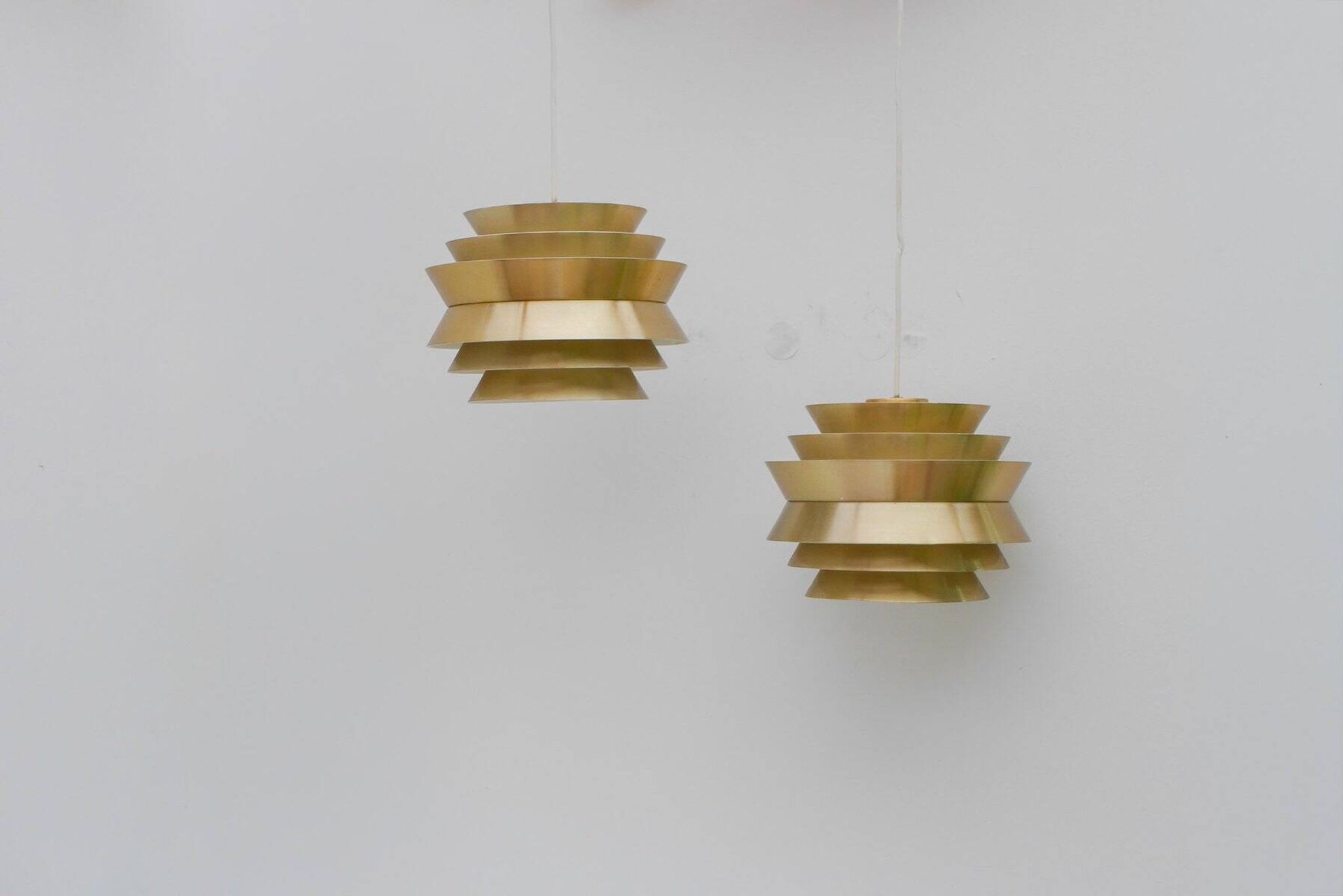 Brass-coloured metal pendant Trava lamps by Carl Thore, Sweden from Granhaga Metallindustri, 1960s, set of 2