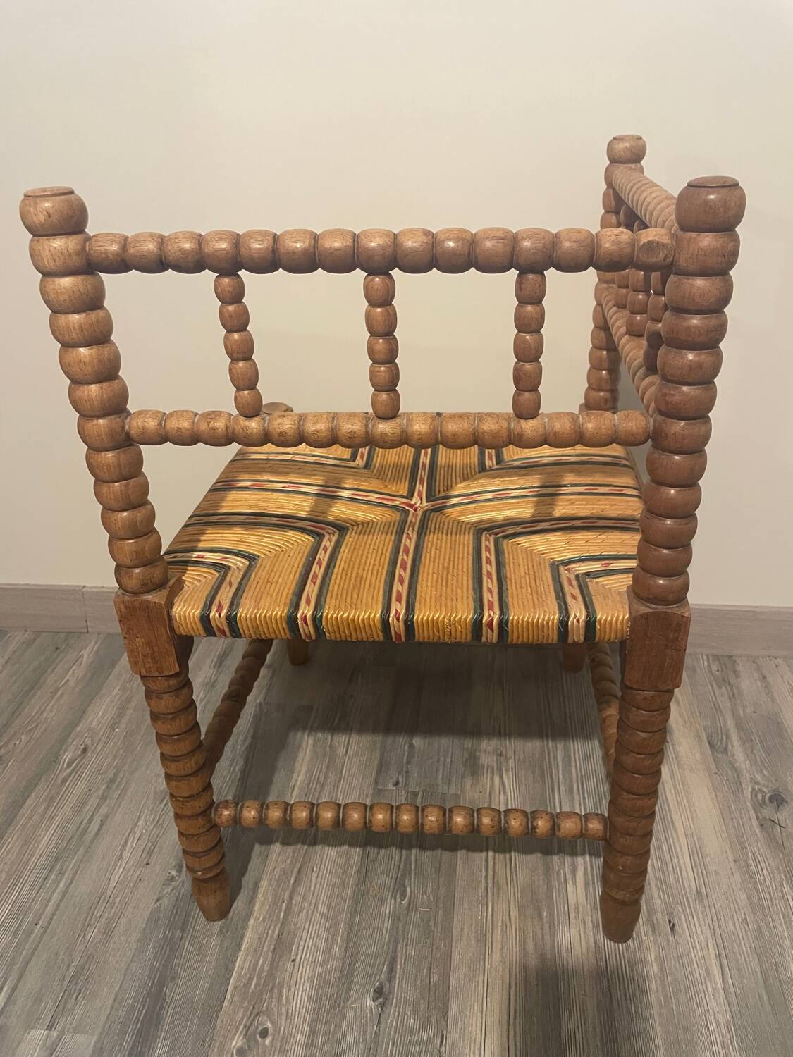 Vintage Art Deco Bobbin Wood and Straw Corner Chair, 1930s