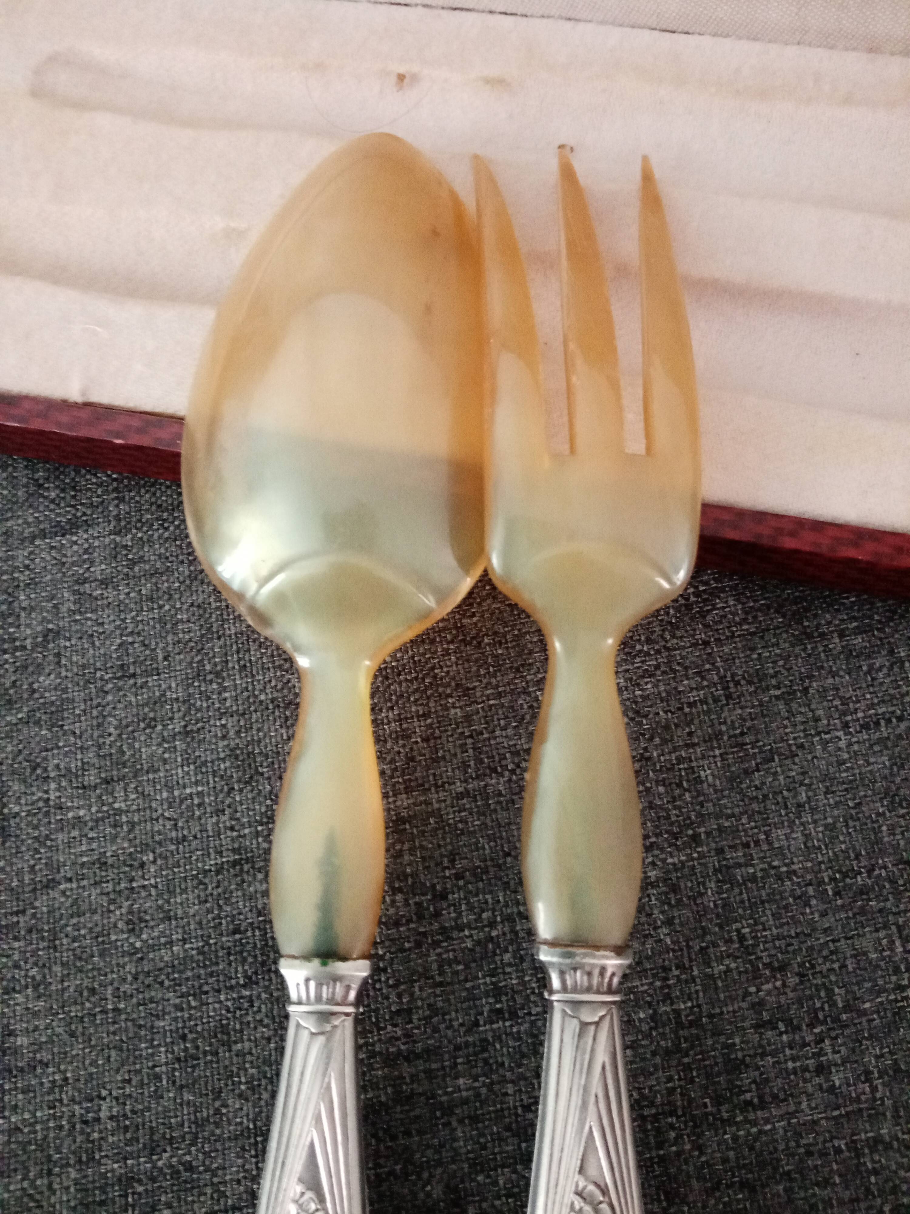 Art deco salad cutlery, silver virole horn sleeve