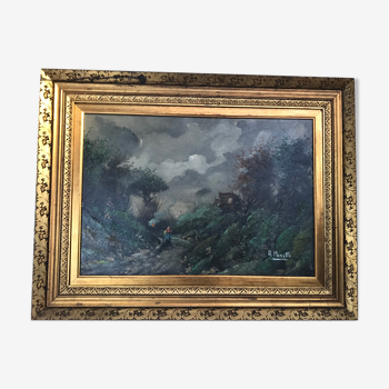 Ancien tableau peinture à l'huile art paysage montagne forets alpes marette