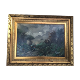 Ancien tableau peinture à l'huile art paysage montagne forets alpes marette