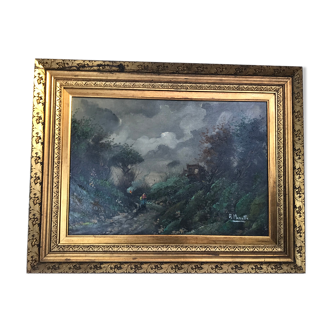 Old painting oil painting art landscape mountain forests alps marette