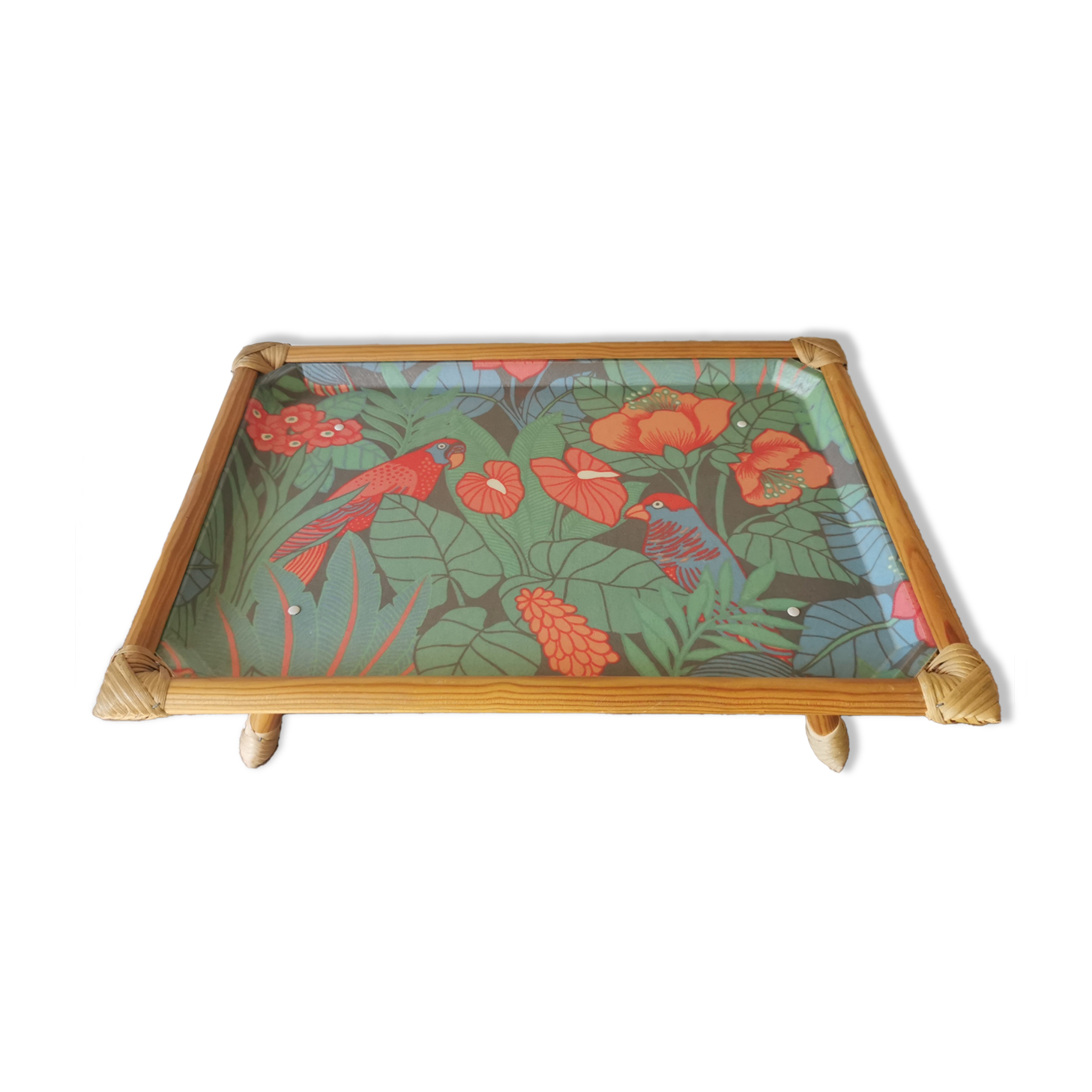 Folding tray parrots and flowers fiber and rattan