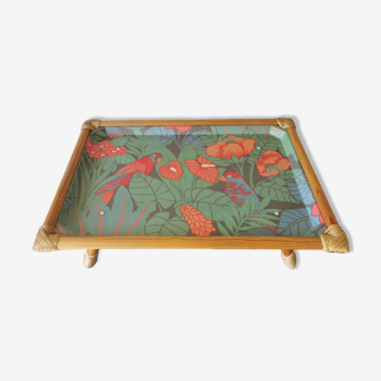 Folding tray parrots and flowers fiber and rattan