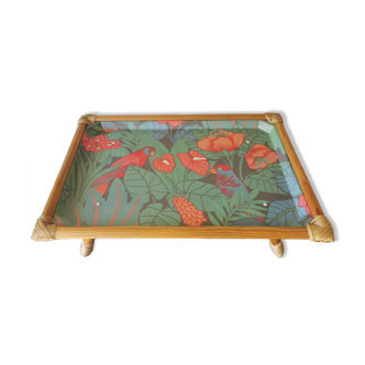 Folding tray parrots and flowers fiber and rattan