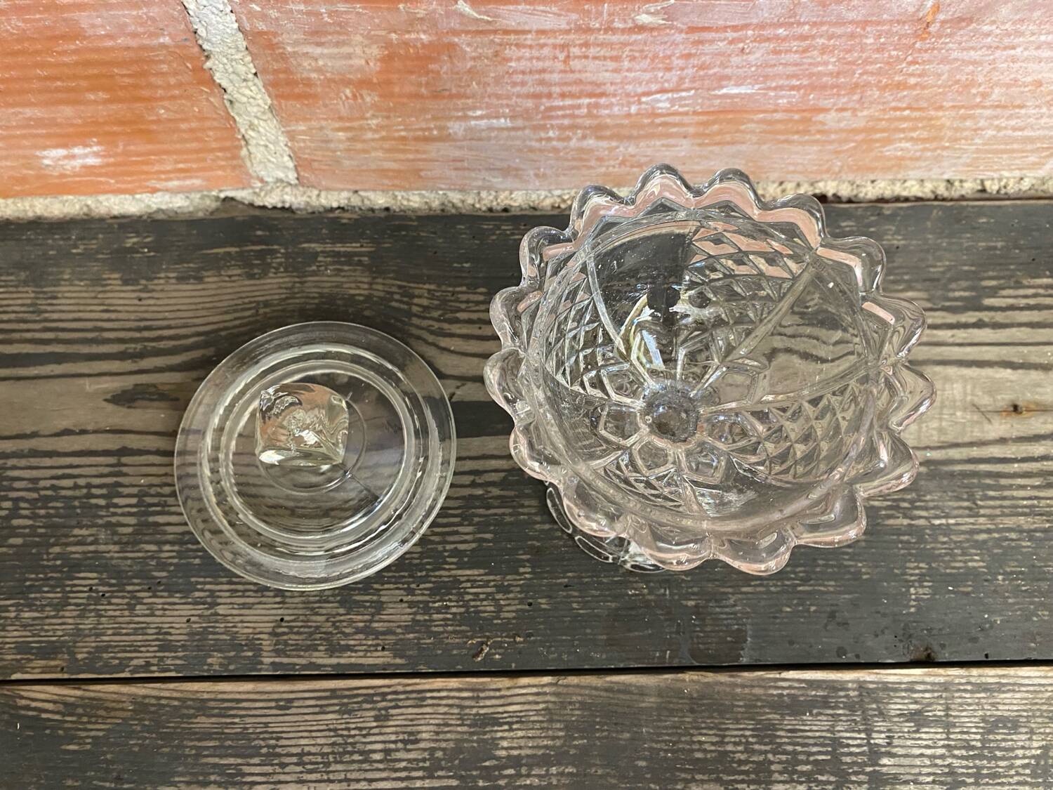 Antique glass candy dish, sugar bowl, footed, vintage molded glass