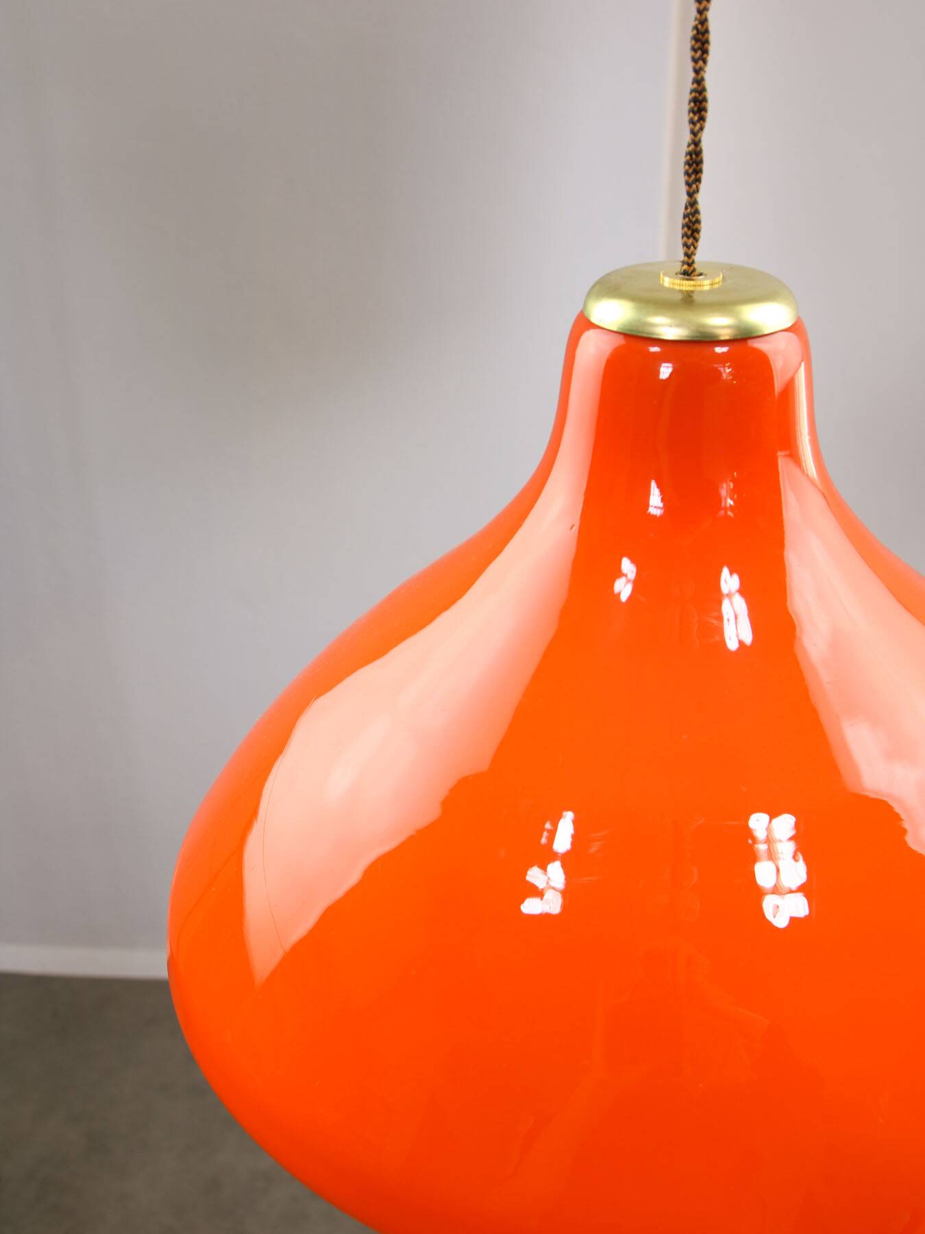 Mid-Century Italian Orange Glass and Brass Pendant Lamp