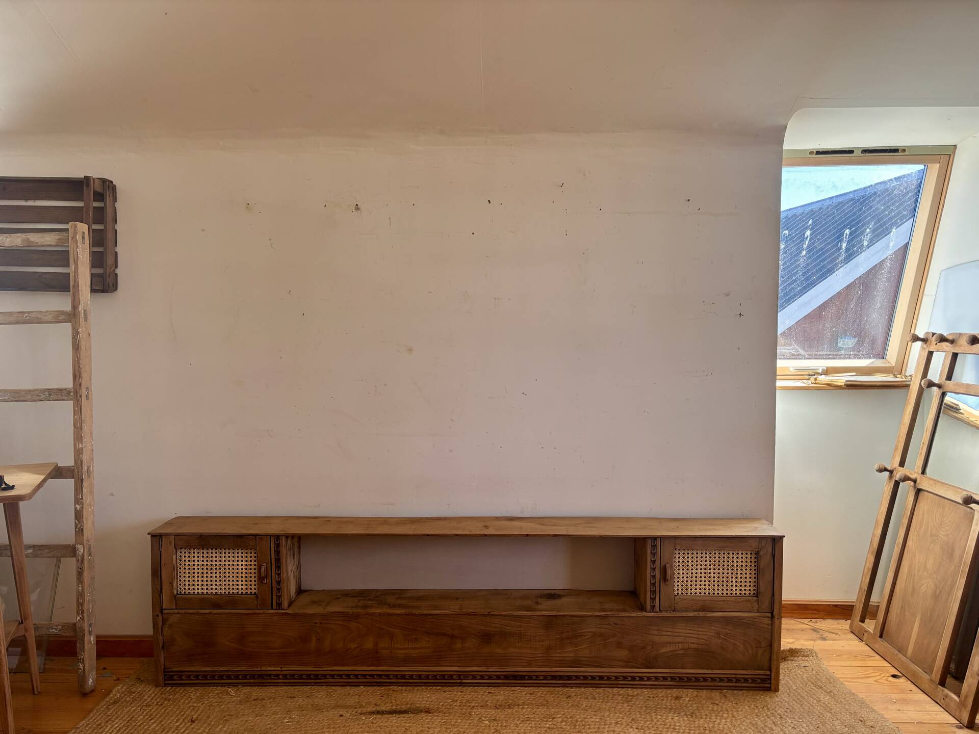 Vintage oak sideboard TV unit with raw finish and caning.
