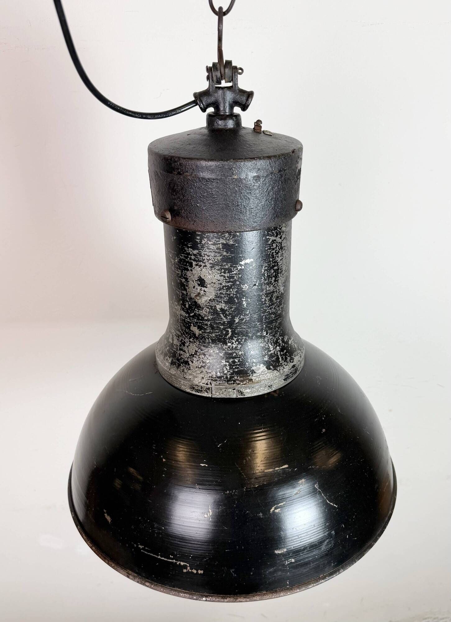 Large Industrial Factory Black Pendant Lamp with Cast Iron Top, 1950s