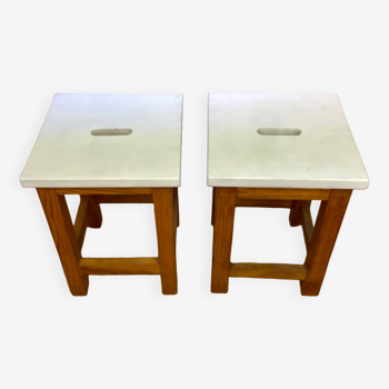 Pair of square-seat pine stools