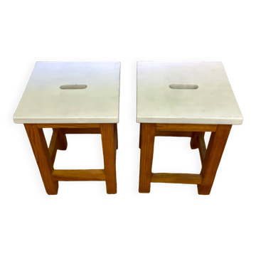 Pair of square-seat pine stools