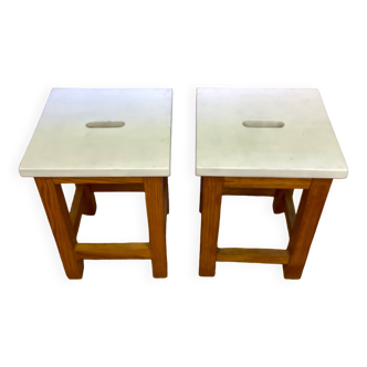 Pair of square-seat pine stools