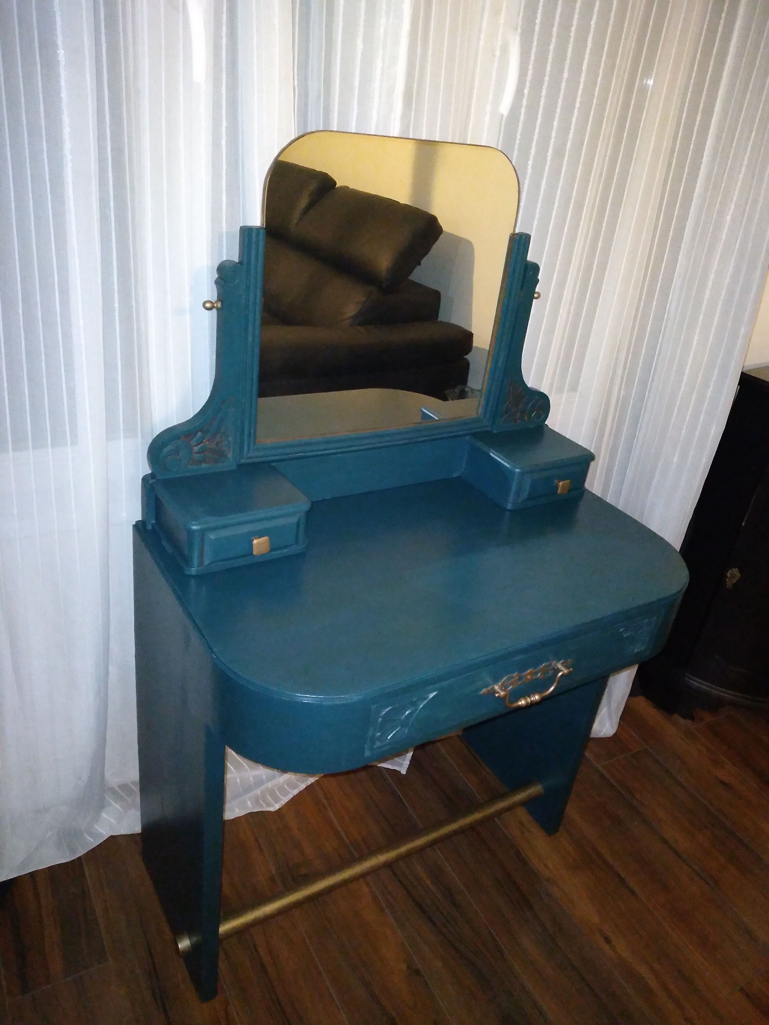 Blue art deco dressing table, swivel mirror