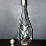 Carved crystal decanter - slender modernist shape with silver metal collar and cap