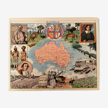 Affiche ancienne carte de l'Australie de 1948, JP Pinchon