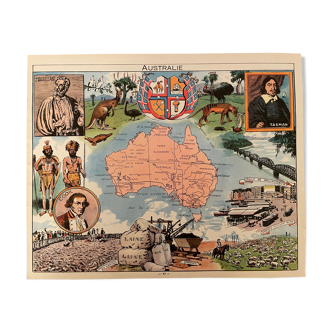 Affiche ancienne carte de l'Australie de 1948, JP Pinchon