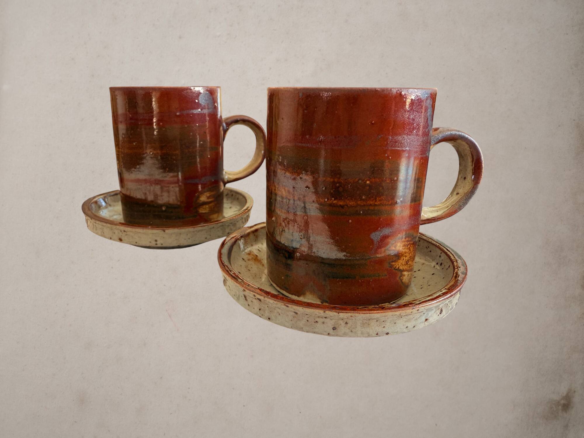 Services à Thé En Grès - Théière + 2 Tasses Avec Soucoupes - Marron - Occasion Bon État