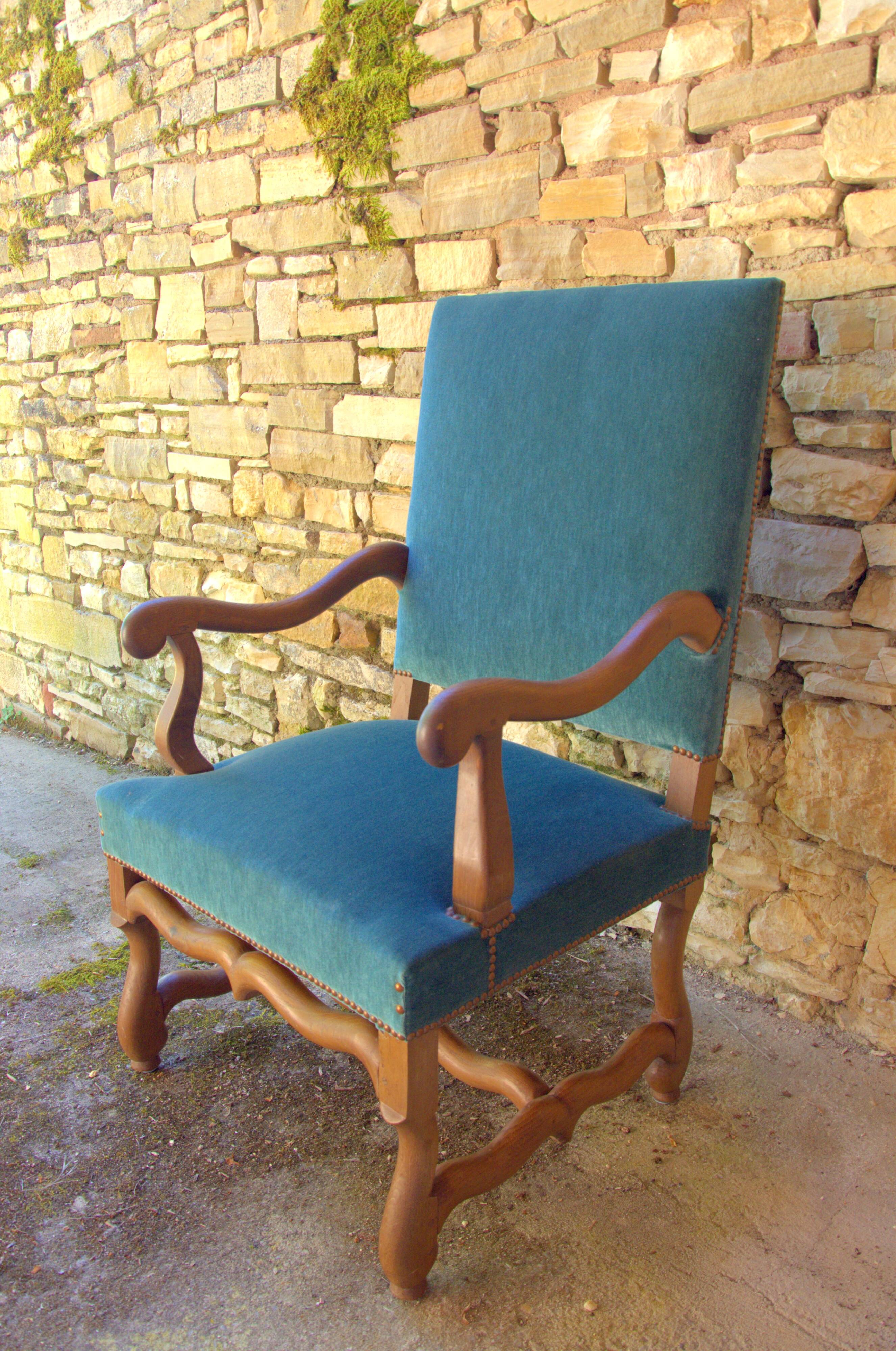 Antique Louis XIII style armchair, duck blue velvet, 67x112cm, G.Besnard