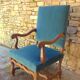 Antique Louis XIII style armchair, duck blue velvet, 67x112cm, G.Besnard