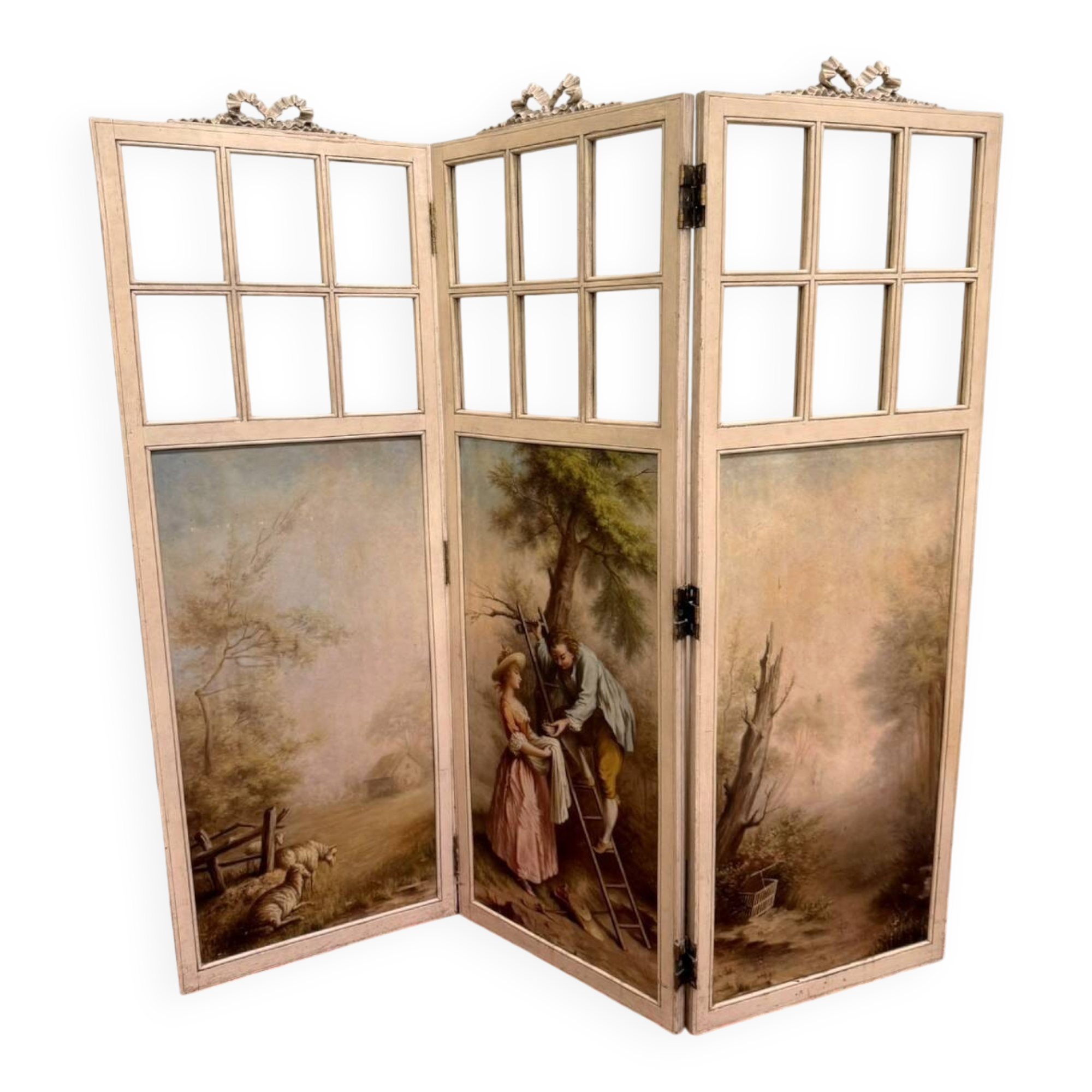 Three-panel screen in Louis XVI style with Romantic decorations and landscapes.